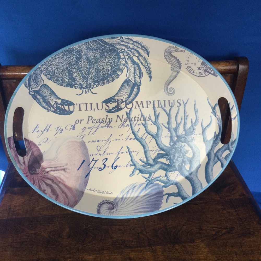 Coastal Nautical Seahorse Decorative Metal Serving Tray - Blue and Cream Michel